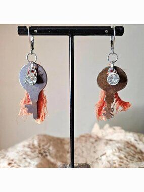 Vintage Rusty Key Earrings Rhinestones Sari Silk Silver Stainless Steel Findings